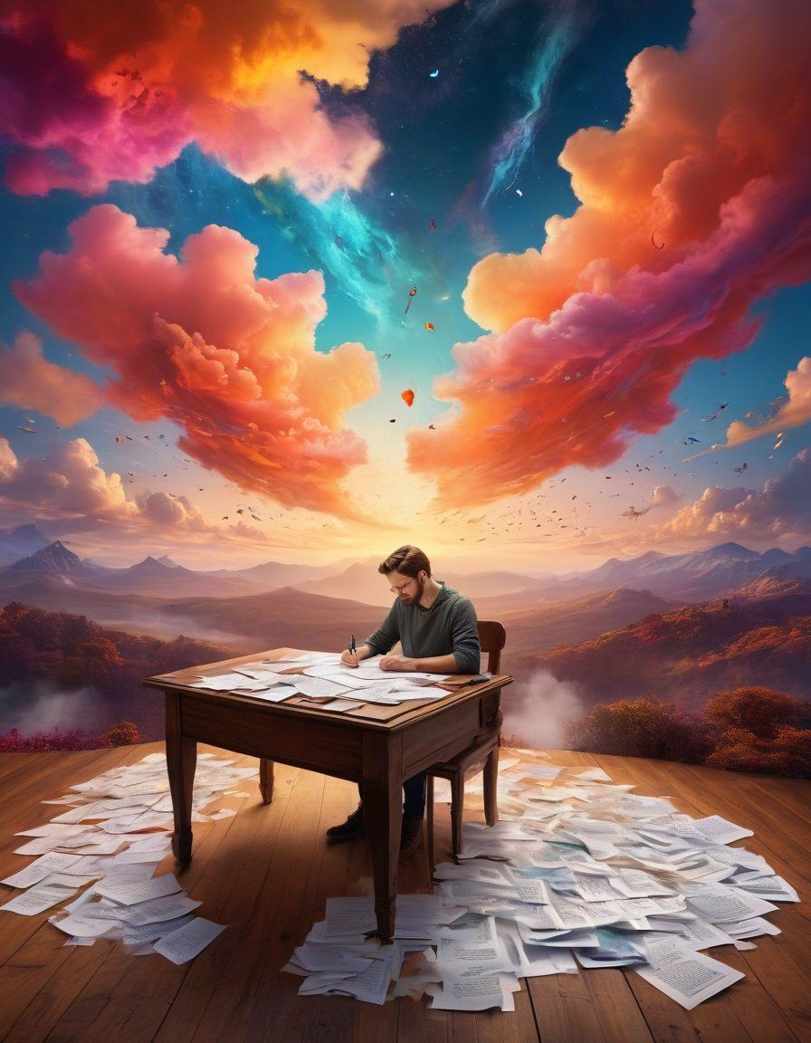 A surreal landscape filled with floating words and phrases swirling around like colorful clouds, representing the concept of infinite combinations. In the foreground, a person is engaged in writing at a large, wooden desk covered with papers and ink pots, surrounded by vibrant beams of light that symbolize creativity. The sky is a blend of warm hues that reflect inspiration and imagination. super-realistic. vibrant colors. 3D.