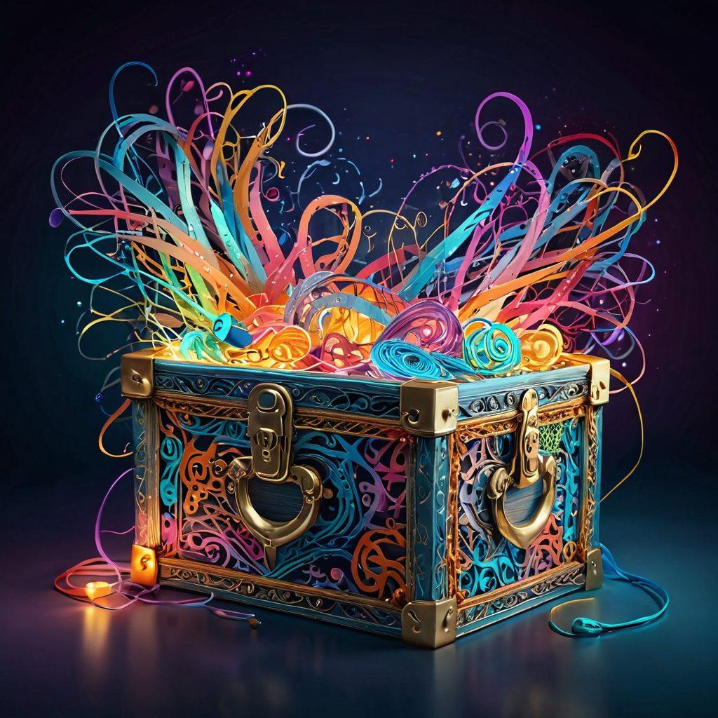 A mesmerizing visual of colorful strings intertwining to form intricate patterns and shapes, symbolizing creativity and expression. Include a glowing key unlocking a treasure chest filled with vibrant text snippets in various languages and styles, radiating light. The background should be an abstract blend of soft pastel colors, evoking a sense of wonder and possibility. super-realistic. vibrant colors. 3D.